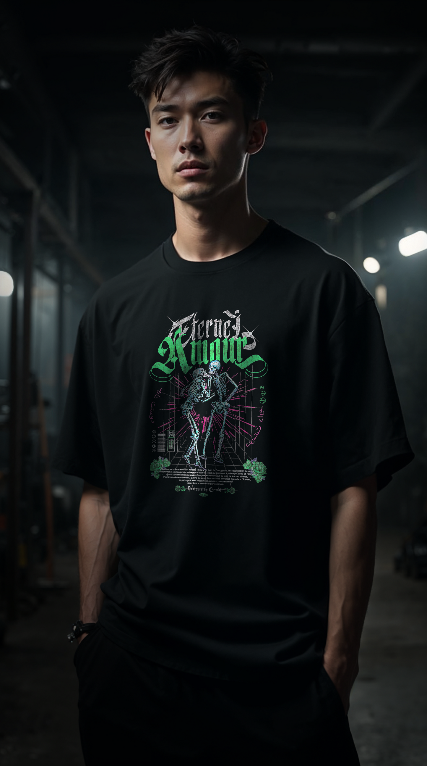 T-shirt noir oversize AMOUR ETERNEL porte par modele design brutaliste gothique squelettes romantiques vert amour eternel 6000 ans PTN DE T-SHIRT