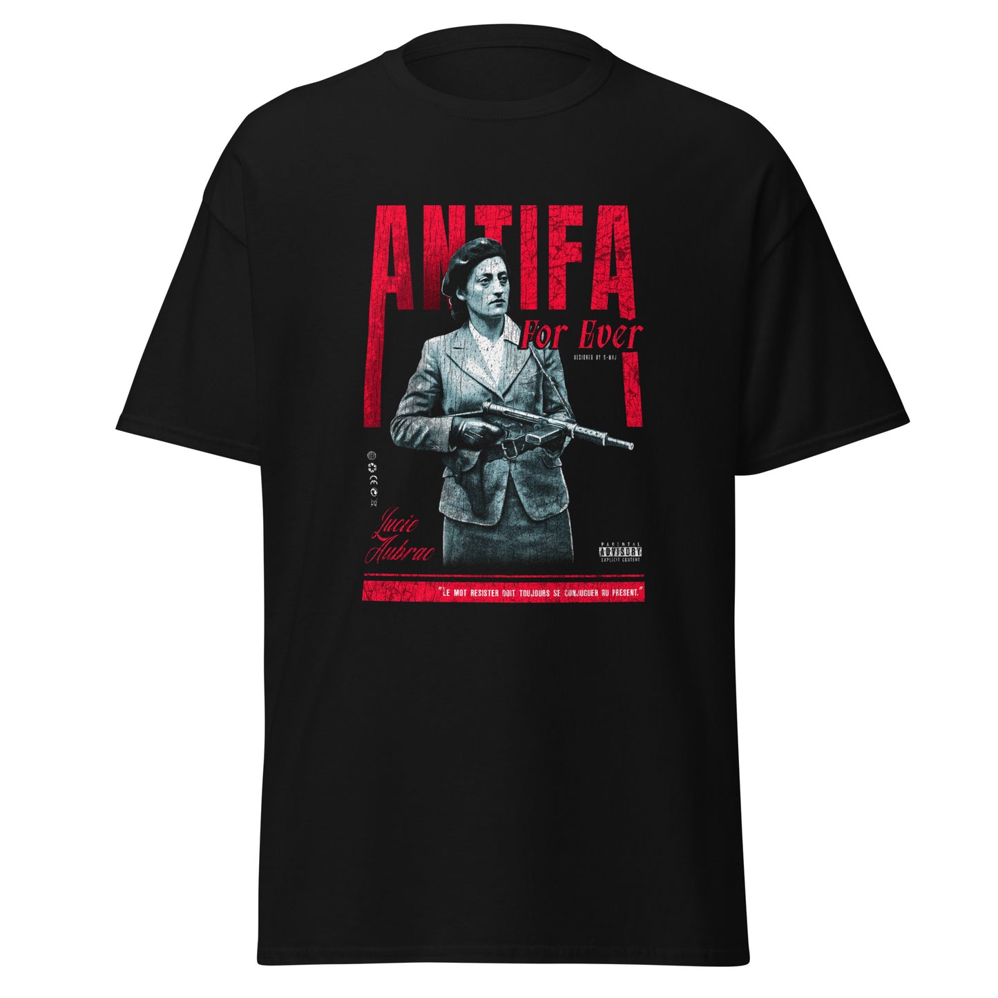 T-shirt noir oversize ANTIFA sur fond blanc design brutaliste Lucie Aubrac résistante héroïne française occupation PTN DE T-SHIRT