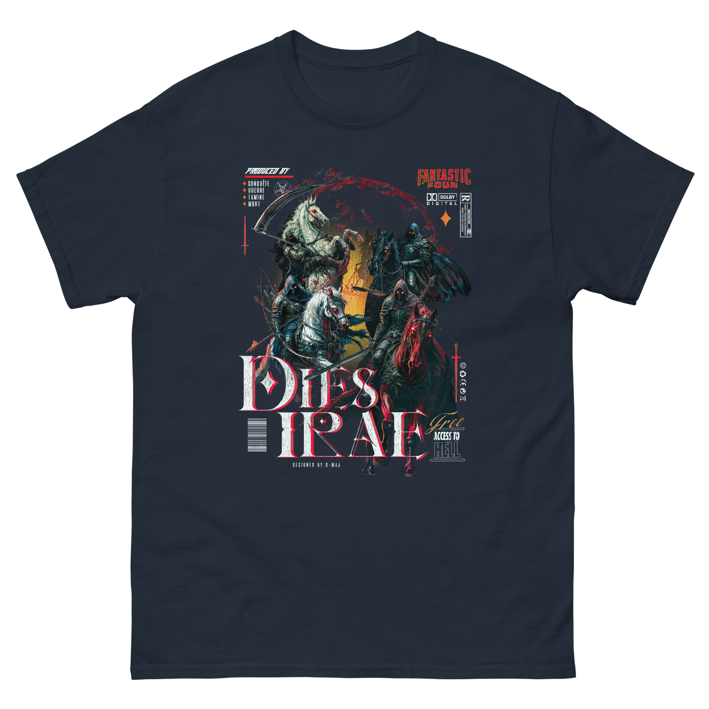 Mockup t-shirt bleu Navy unisexe vue de face avec le design vintage Dies Irae représentant les 4 cavaliers de l'Apocalypse, fond transparent