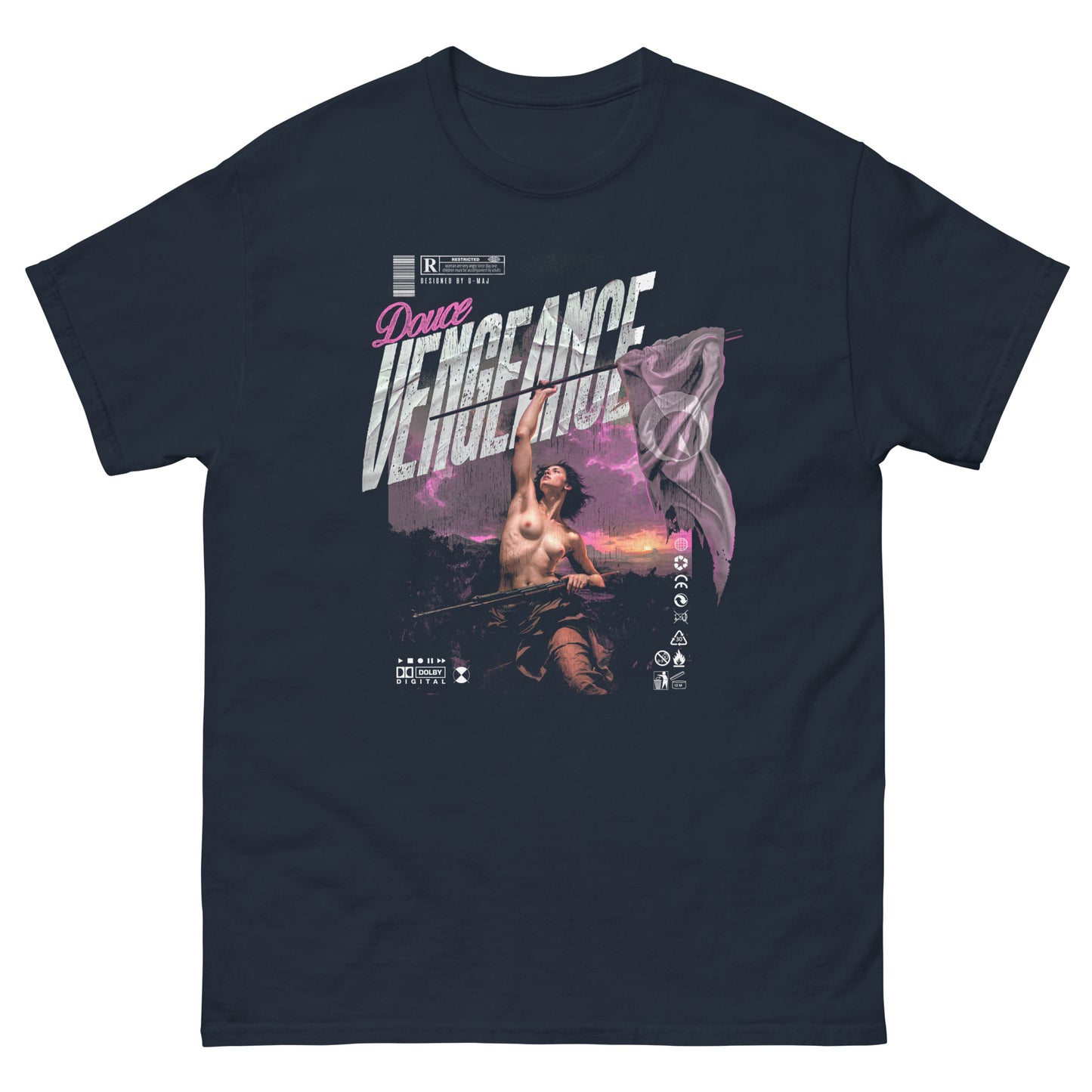 T-shirt bleu navy oversize DOUCE VENGEANCE design brutaliste féministe peinture renaissance Eugène Delacroix urbain rose face coton biologique PTN DE T-SHIRT