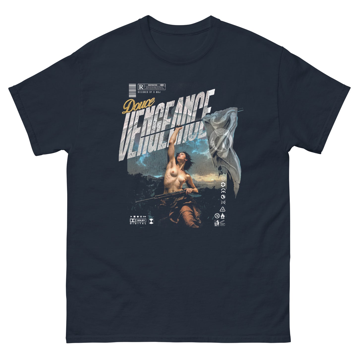 T-shirt noir oversize DOUCE VENGEANCE design brutaliste renaissance peinture dark urbain bleu coton biologique bleu navy face fond blanc PTN DE T-SHIRT