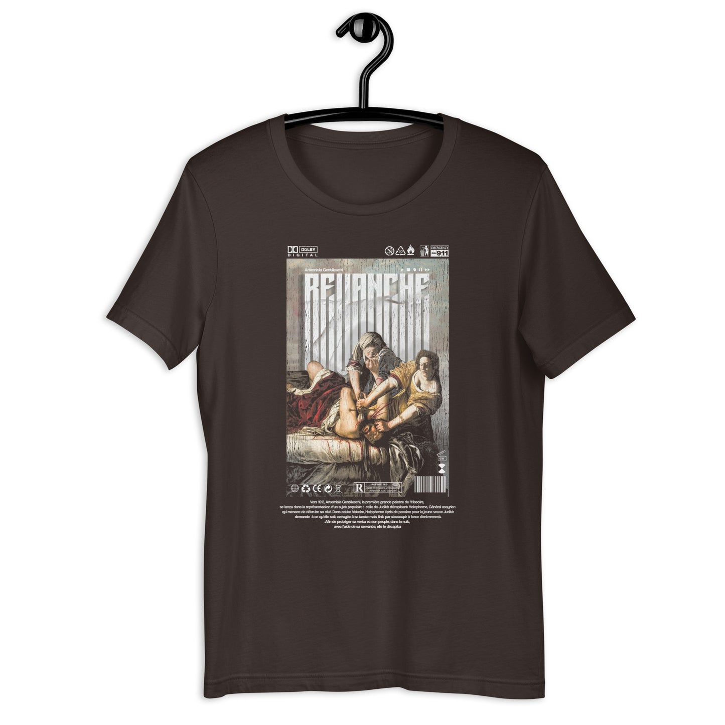 T-shirt marron REVANCHE inspiré du tableau d’Artemisia Gentileschi vu de face avec graphic imprimé sur le devant, ambiance cinématographique, style streetwear vintage mockup fond blanc designed by g maj