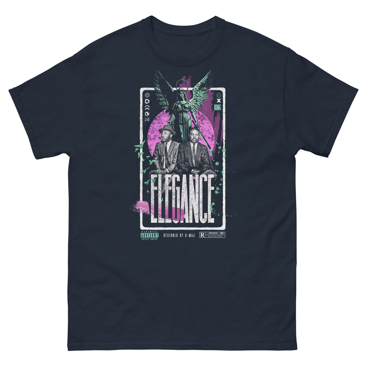 T-shirt unisexe navy ELEGANCE PINK - design graphique streetwear rose vue de face - PTN* DE T-SHIRT by G-MAJ