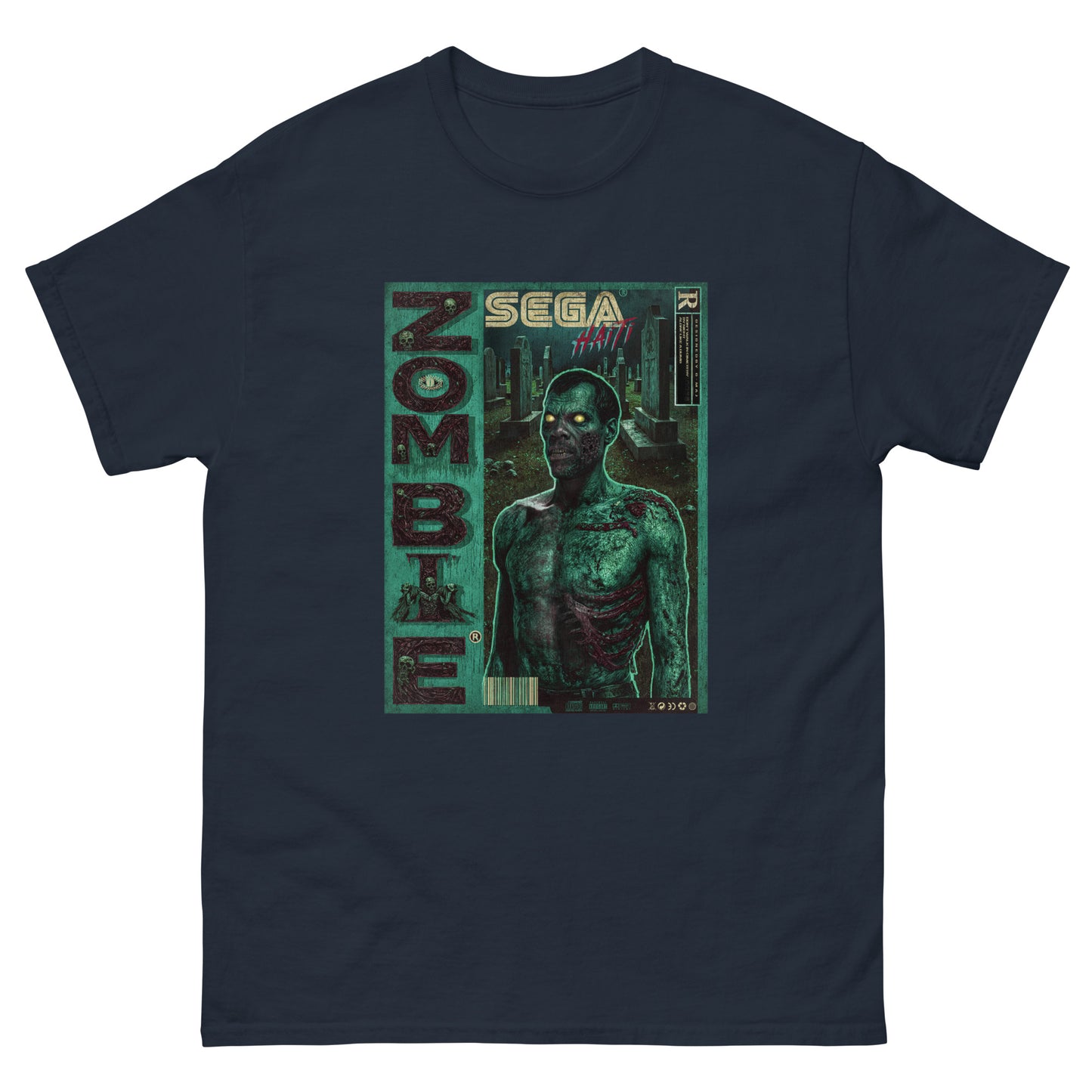 T-shirt bleu marine de face sur fond blanc Illustration style rétro gaming inspirée des boîtes Sega : un zombie torse nu aux yeux jaunes lumineux, éclairé en néon vert, sur fond blanc. Le mot ZOMBIE s'affiche verticalement à gauche, avec le logo SEGA HAÏTI en haut au centre.