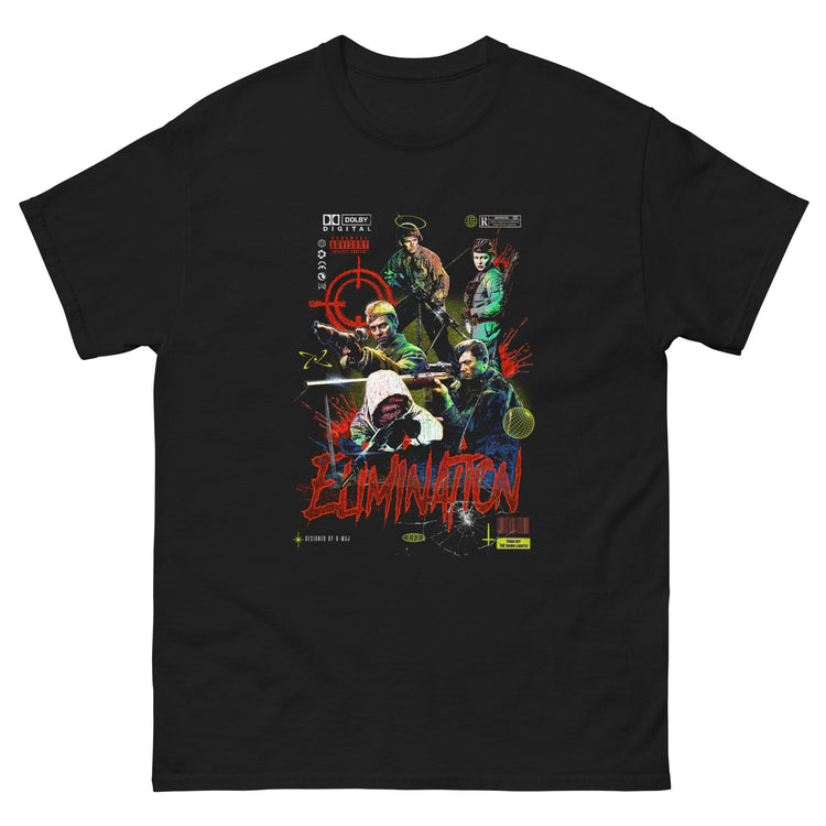 Visuel retro "Elimination" rouge sur un T-shirt noir oversize avec des héros de guerre