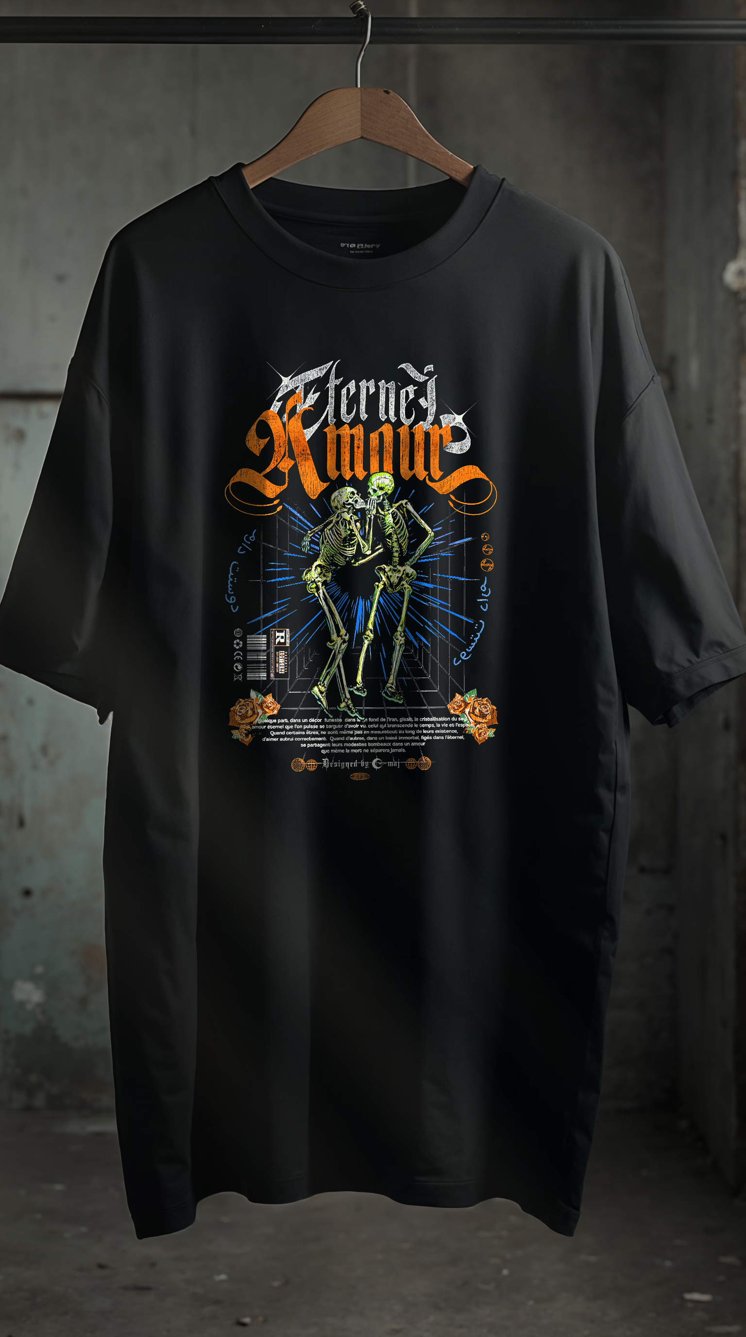 T-shirt noir oversize AMOUR ETERNEL design brutaliste gothique deux squelettes dansants orange flammes typographie vintage cintre coton biologique PTN DE T-SHIRT