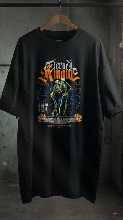 T-shirt noir oversize AMOUR ETERNEL design brutaliste gothique deux squelettes dansants orange flammes typographie vintage cintre coton biologique PTN DE T-SHIRT