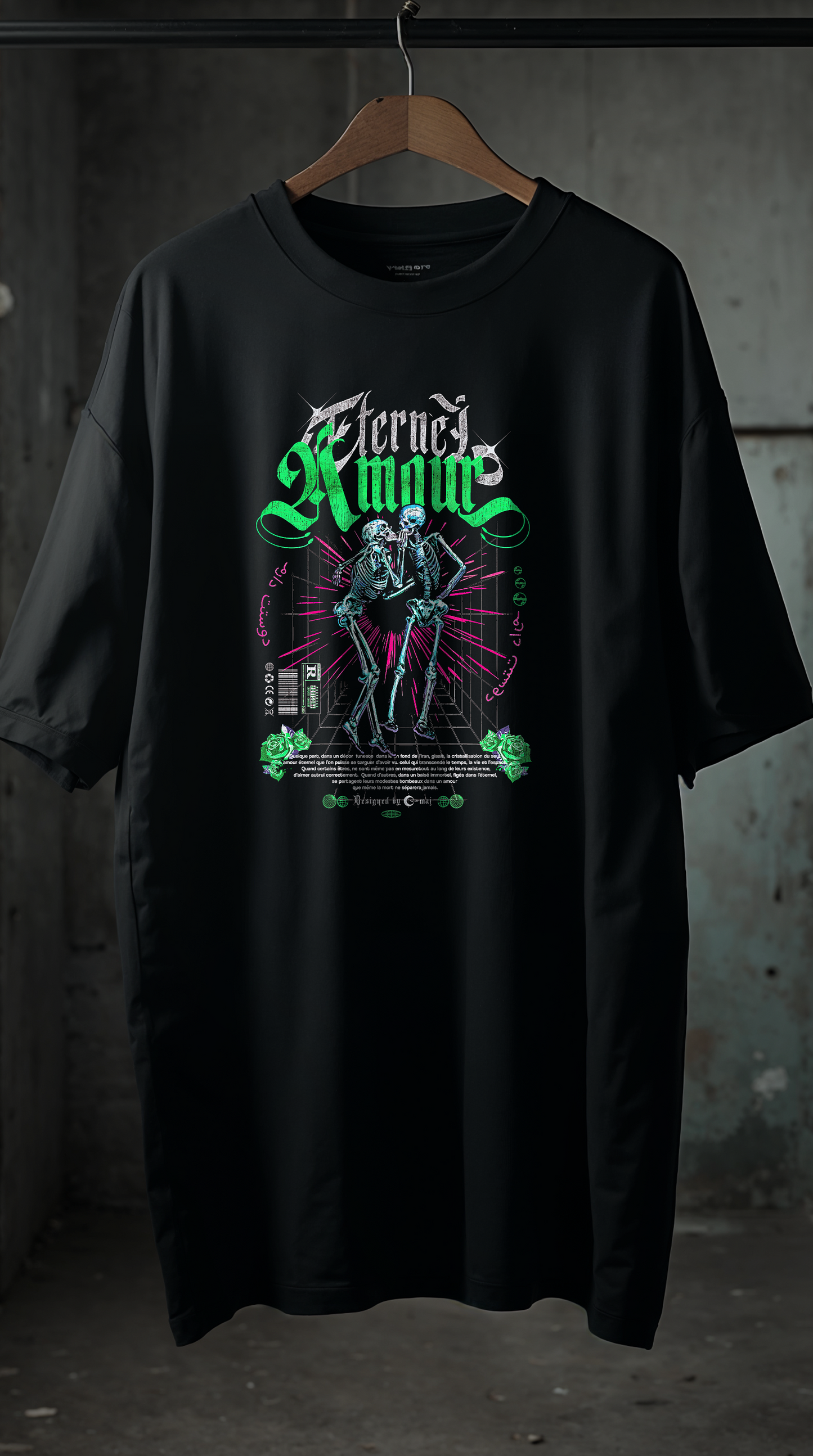 T-shirt noir oversize AMOUR ETERNEL design brutaliste gothique deux squelettes dansants vert typographie vintage cintre coton biologique PTN DE T-SHIRT