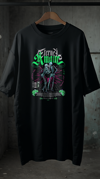 T-shirt noir oversize AMOUR ETERNEL design brutaliste gothique deux squelettes dansants vert typographie vintage cintre coton biologique PTN DE T-SHIRT