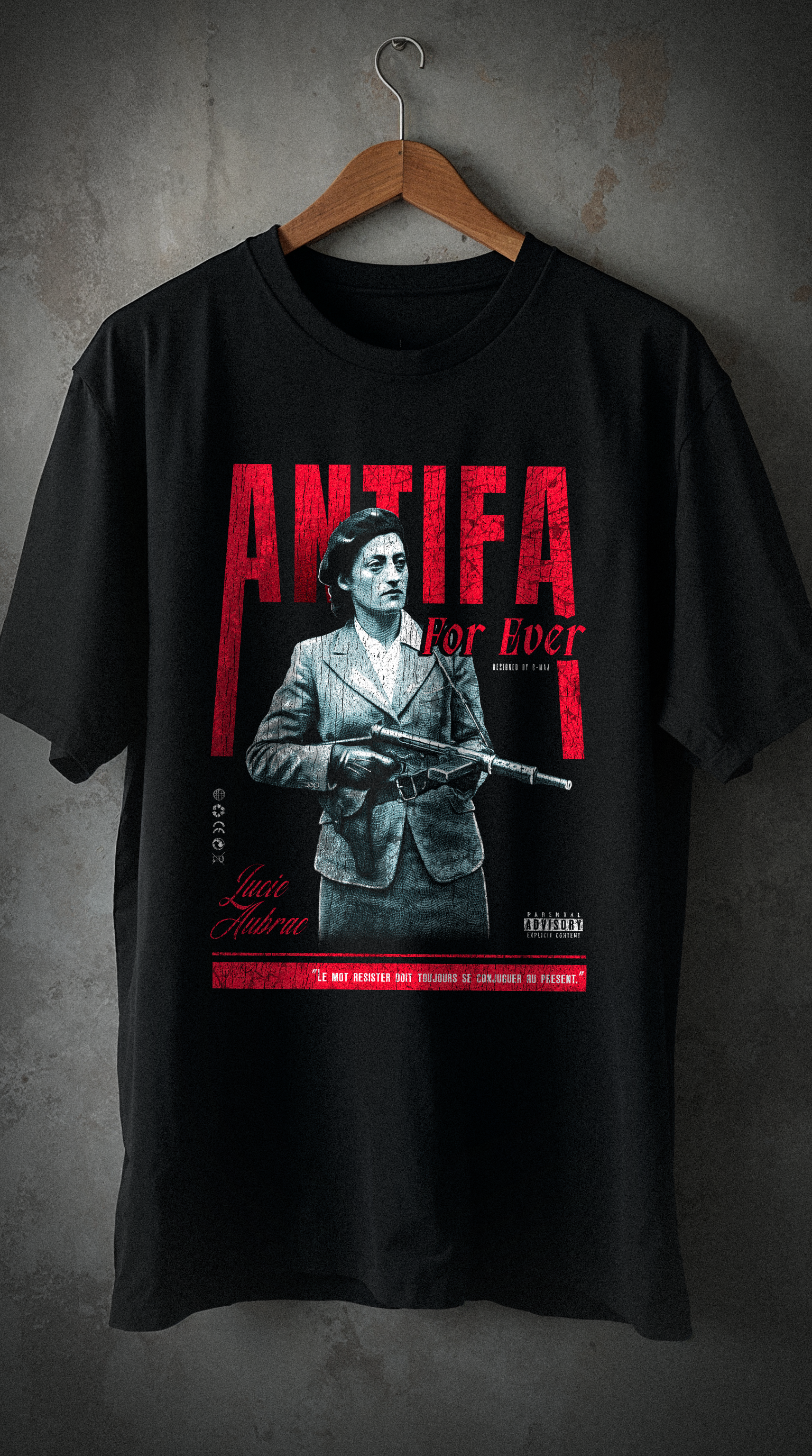 T-shirt noir oversize ANTIFA design brutaliste résistance française Lucie Aubrac WWII antifascisme cintre coton biologique PTN DE T-SHIRT