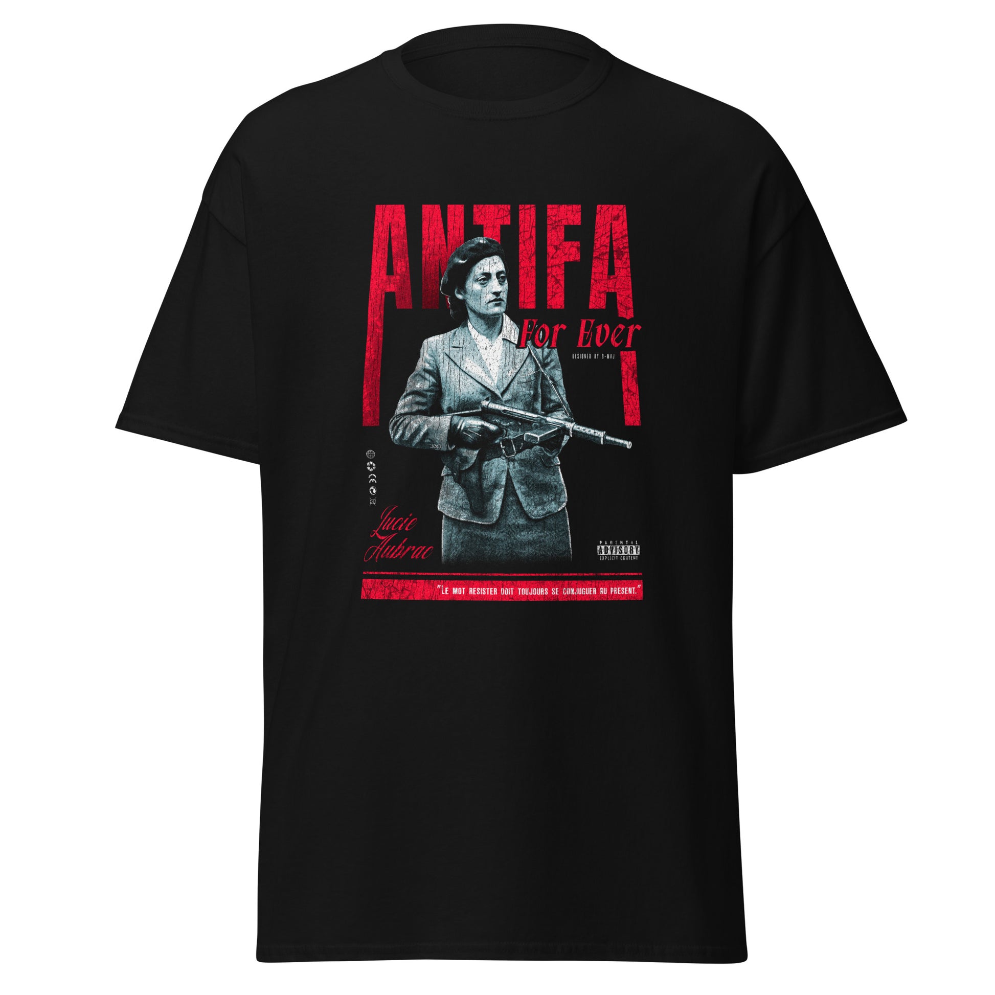 T-shirt noir oversize ANTIFA sur fond blanc design brutaliste Lucie Aubrac résistante héroïne française occupation PTN DE T-SHIRT