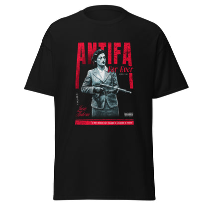 T-shirt noir oversize ANTIFA sur fond blanc design brutaliste Lucie Aubrac résistante héroïne française occupation PTN DE T-SHIRT