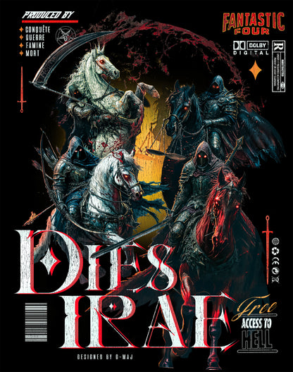Design vintage style affiche de film des 4 cavaliers de l'Apocalypse à cheval, fond sombre avec cercle rouge, inscriptions "Dies Irae", "Fantastic Four", "Conquête, Guerre, Famine, Mort", "Free Access to Hell", designed by G-Maj