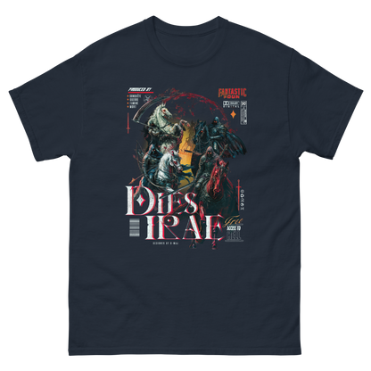 Mockup t-shirt bleu Navy unisexe vue de face avec le design vintage Dies Irae représentant les 4 cavaliers de l'Apocalypse, fond transparent