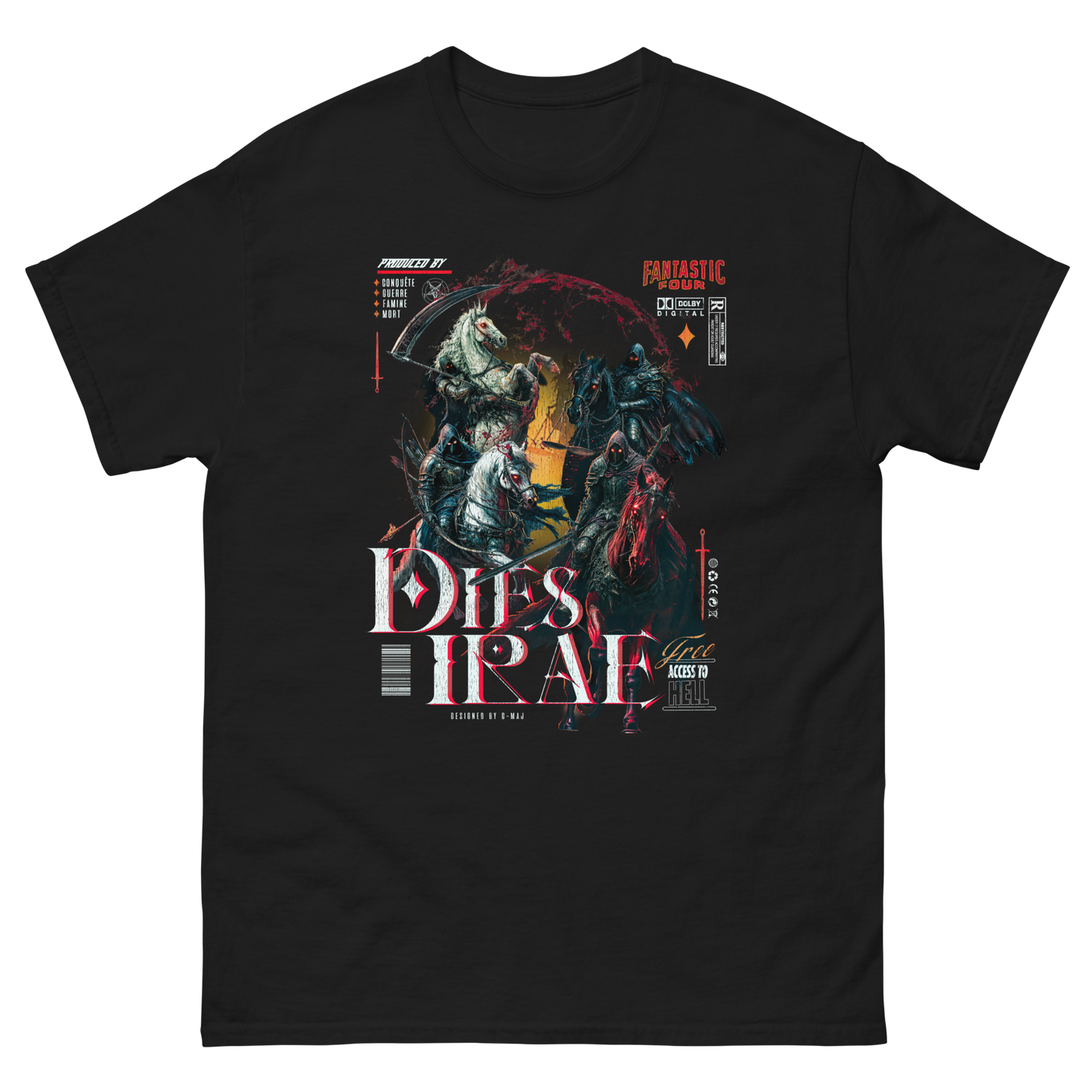 t-shirt noir unisexe vue de face avec le design vintage Dies Irae représentant les 4 cavaliers de l'Apocalypse, fond transparent