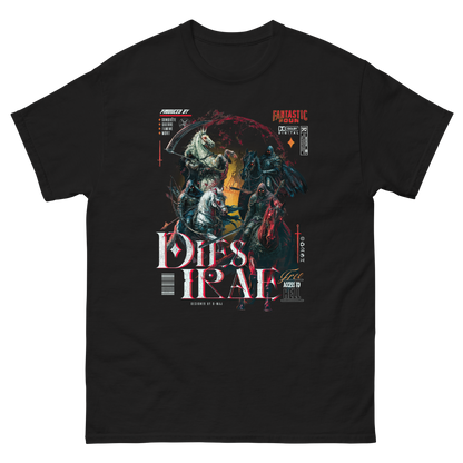 t-shirt noir unisexe vue de face avec le design vintage Dies Irae représentant les 4 cavaliers de l'Apocalypse, fond transparent