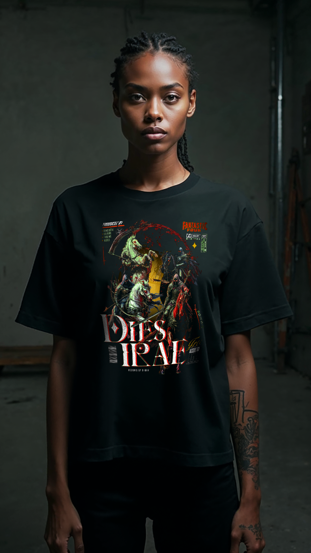T-shirt noir oversize APOC4LYPSE porté par jeune femme modèle design metal gothique brutaliste cavaliers fin du monde vert streetwear PTN DE T-SHIRT