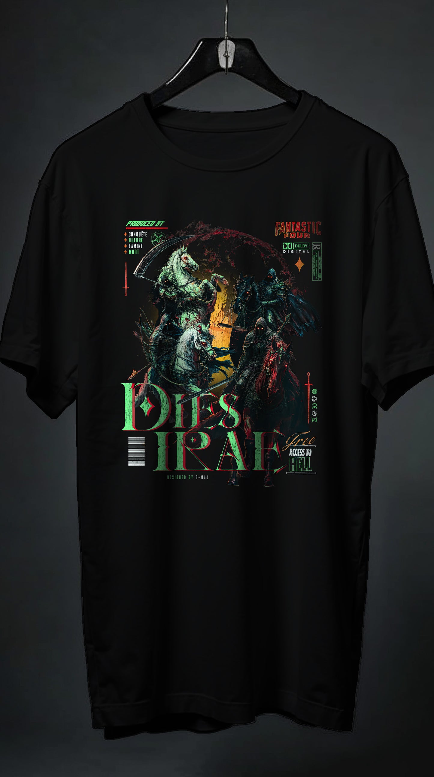T-shirt noir oversize APOC4LYPSE design brutaliste metal gothique cavaliers apocalypse vert dies irae cintre coton biologique PTN DE T-SHIRT