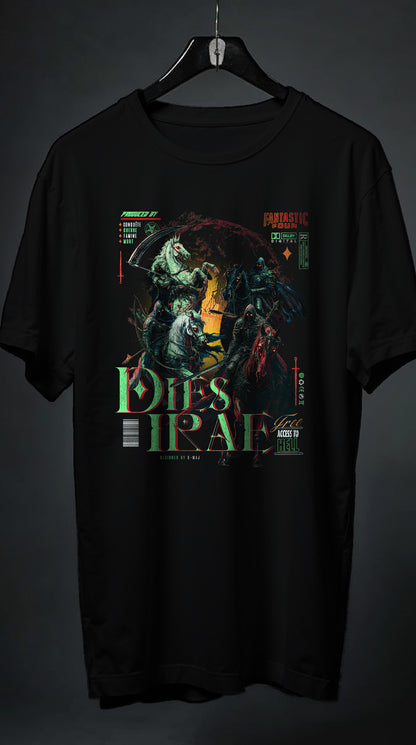 T-shirt noir oversize APOC4LYPSE design brutaliste metal gothique cavaliers apocalypse vert dies irae cintre coton biologique PTN DE T-SHIRT