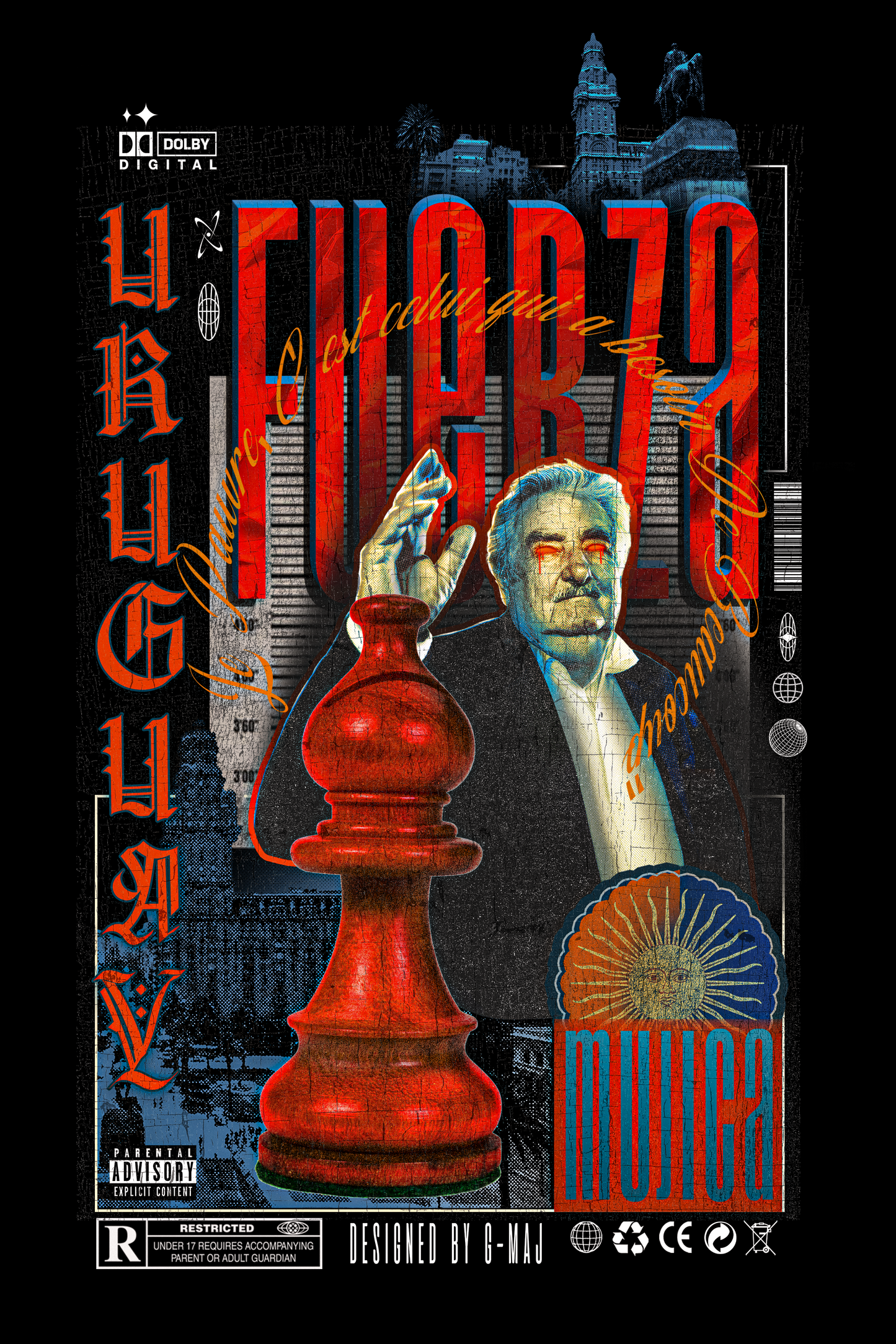 Affiche artistique FUERZA URUGUAY - Portrait de Pepe Mujica avec pion d'échecs rouge, design pop art street style G-MAJ
