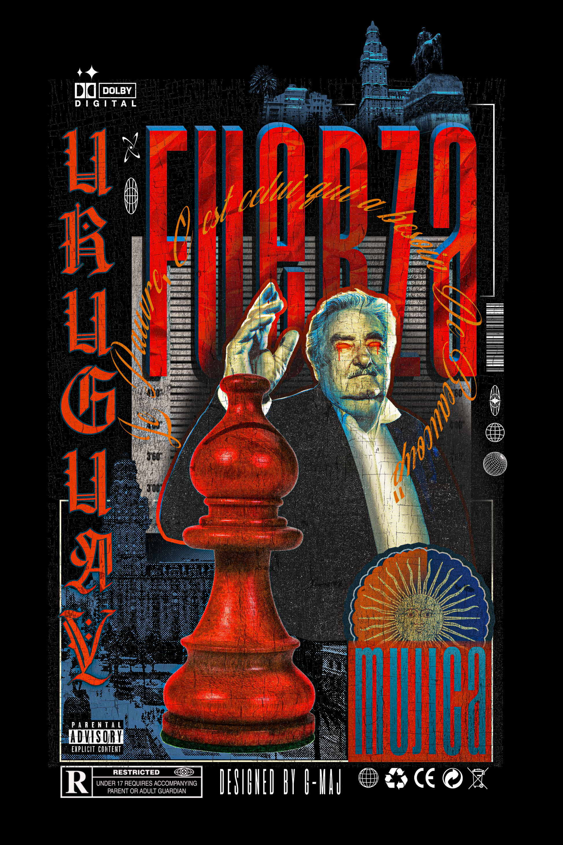 Affiche artistique FUERZA URUGUAY - Portrait de Pepe Mujica avec pion d'échecs rouge, design pop art street style G-MAJ