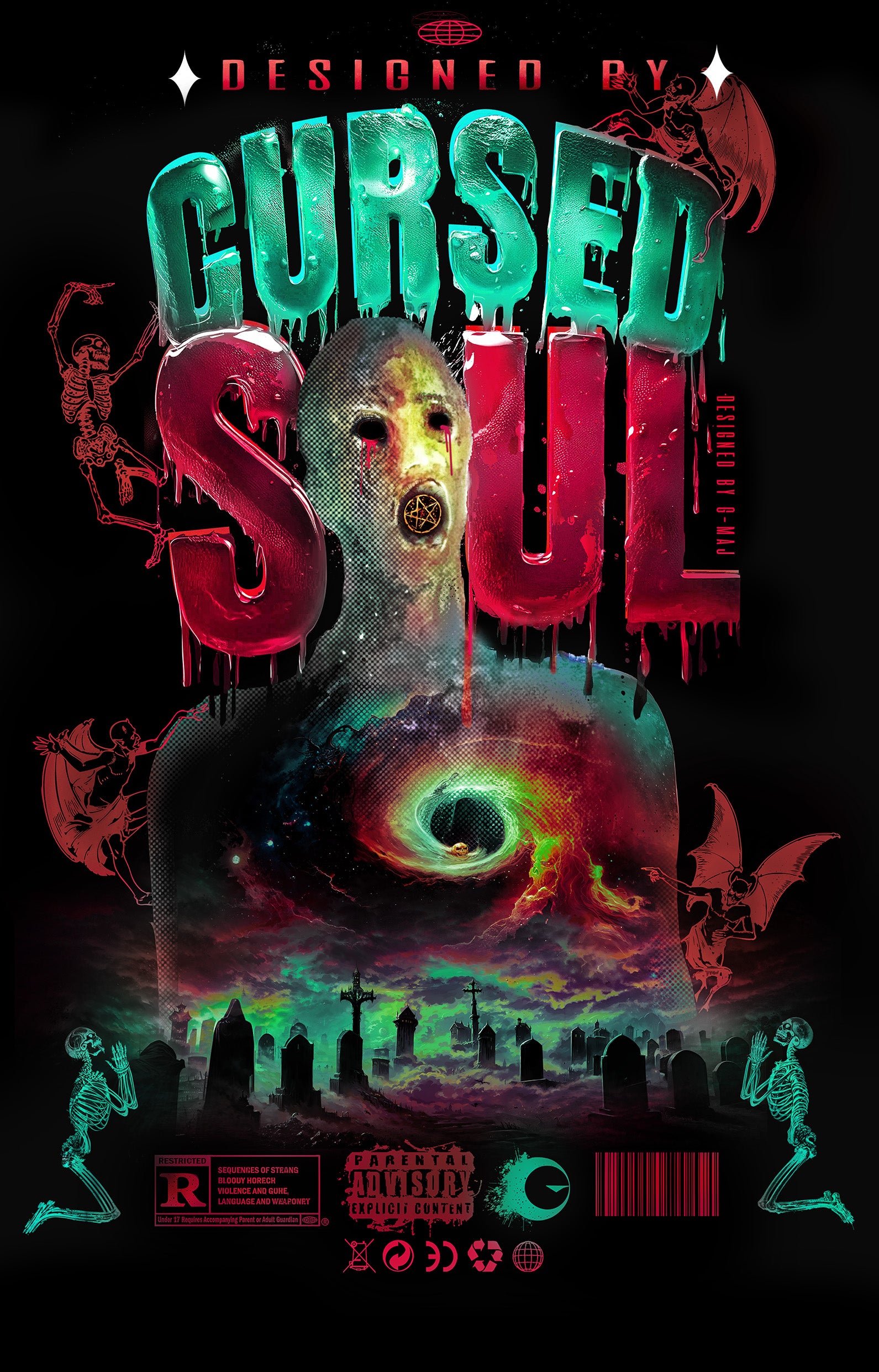 Design vintage horreur Cursed Soul avec créature mystique masquée, tableau maudit typographie dégoulinante verte et rouge, squelettes, chauves-souris et cimetière, fond sombre