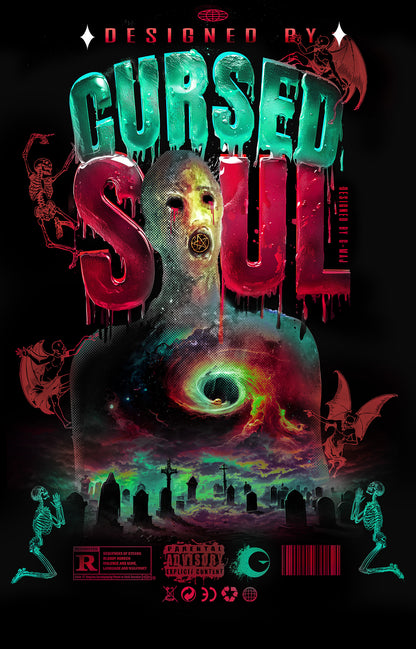 Design vintage horreur Cursed Soul avec créature mystique masquée, tableau maudit typographie dégoulinante verte et rouge, squelettes, chauves-souris et cimetière, fond sombre