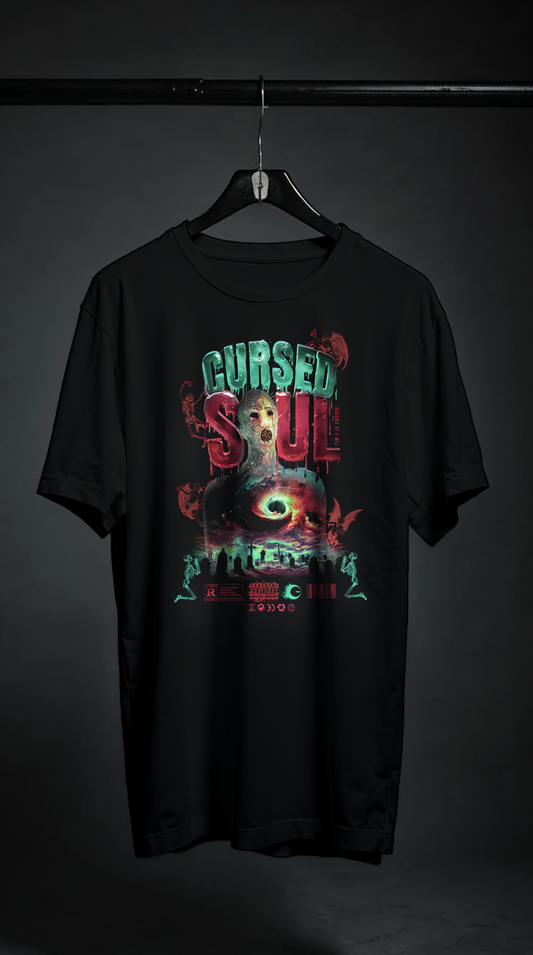 T-shirt noir oversize CURSED SOUL design brutaliste occulte mystère HORREUR tableau maudit légende paranormal cintre coton biologique PTN DE T-SHIRT