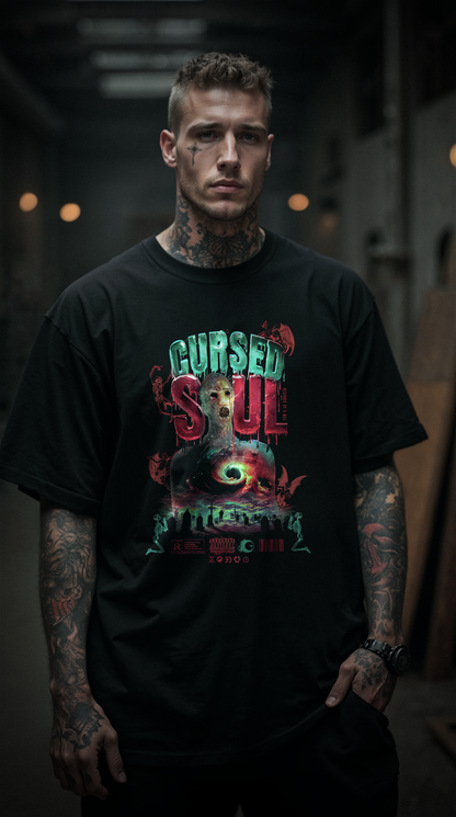 T-shirt noir oversize CURSED SOUL porté par homme tatoué design brutaliste occulte mystère légende maudite paranormal PTN DE T-SHIRT