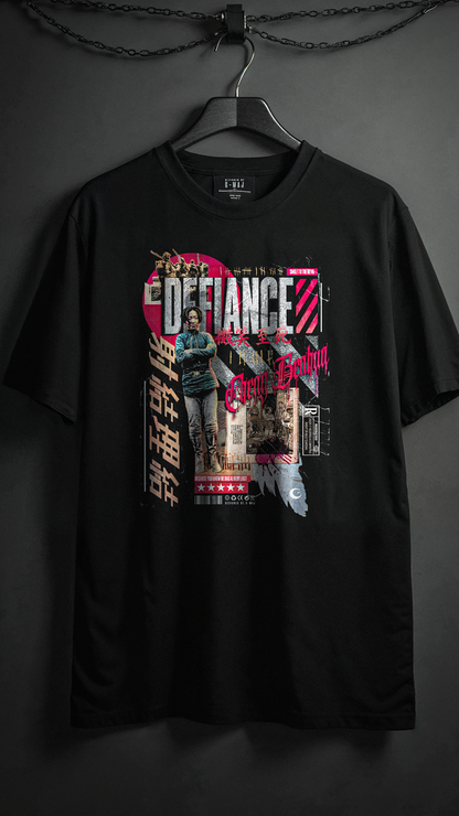 T-shirt noir oversize DEFIANCE design brutaliste résistance Cheng Benhua courage sourire face aux bourreaux rouge cintre coton biologique PTN DE T-SHIRT