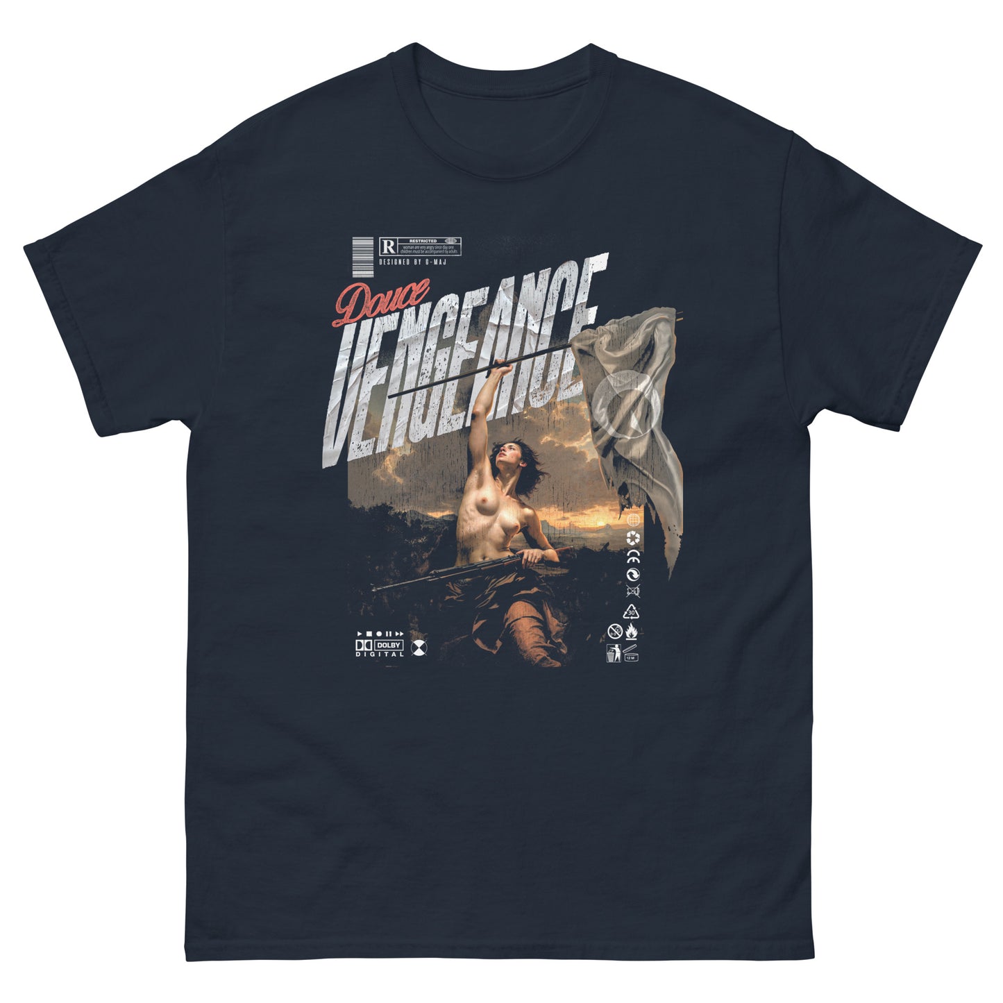 T-shirt noir oversize DOUCE VENGEANCE design brutaliste urbain classic bleu Navy peinture renaissance coton biologique vue de face fond blanc PTN DE T-SHIRT