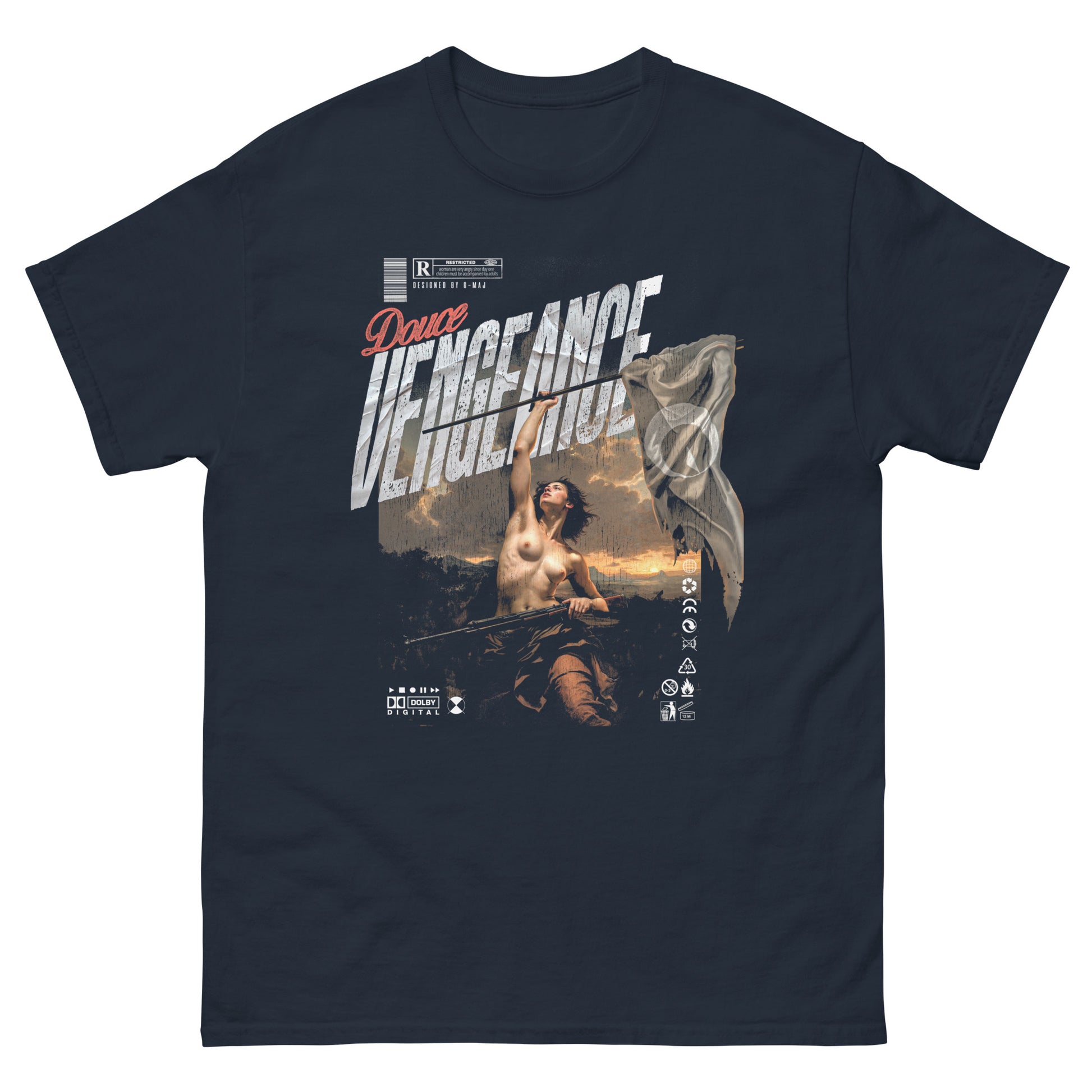 T-shirt noir oversize DOUCE VENGEANCE design brutaliste urbain classic bleu Navy peinture renaissance coton biologique vue de face fond blanc PTN DE T-SHIRT