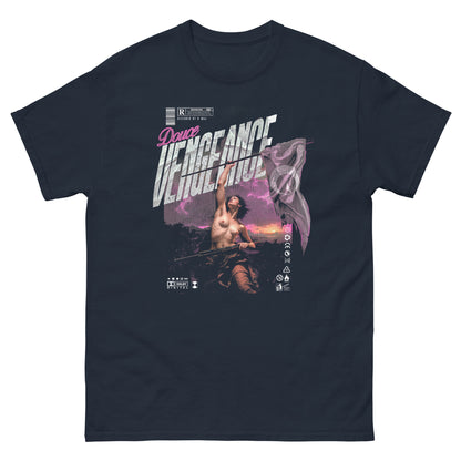 T-shirt bleu navy oversize DOUCE VENGEANCE design brutaliste féministe peinture renaissance Eugène Delacroix urbain rose face coton biologique PTN DE T-SHIRT
