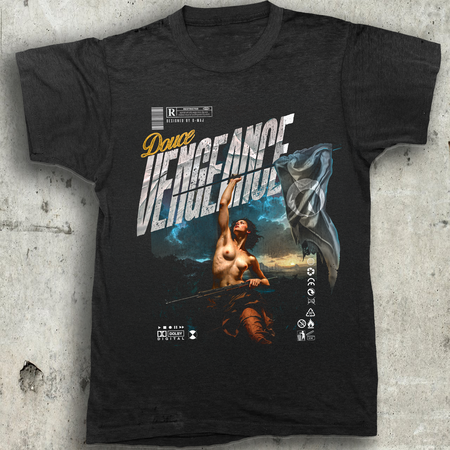 T-shirt noir oversize DOUCE VENGEANCE streetwear design brutaliste peinture renaissance dark urbain bleu cintre coton biologique PTN DE T-SHIRT