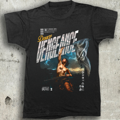 T-shirt noir oversize DOUCE VENGEANCE streetwear design brutaliste peinture renaissance dark urbain bleu cintre coton biologique PTN DE T-SHIRT