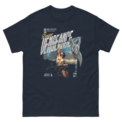 T-shirt noir oversize DOUCE VENGEANCE design brutaliste renaissance peinture dark urbain bleu coton biologique bleu navy face fond blanc PTN DE T-SHIRT