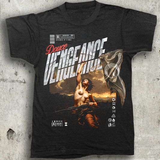 T-shirt noir oversize DOUCE VENGEANCE design brutaliste urbain classic noir peinture renaissance coton biologique vue de face PTN DE T-SHIRT