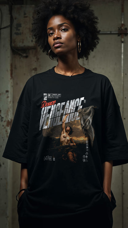 T-shirt noir oversize DOUCE VENGEANCE design brutaliste urbain classic noir peinture renaissance coton biologique porté par modèle femme PTN DE T-SHIRT