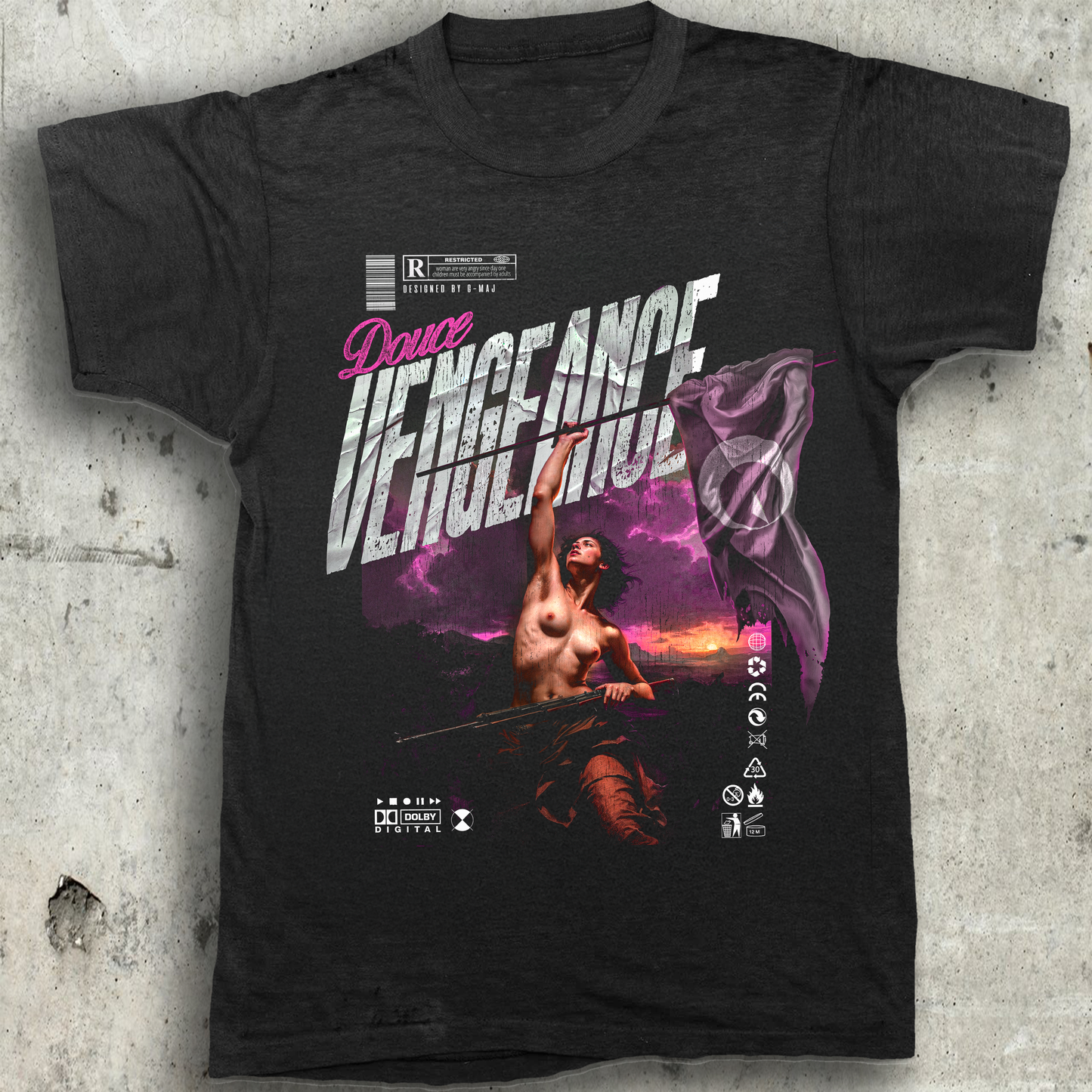 T-shirt noir oversize DOUCE VENGEANCE design brutaliste féministe peinture renaissance Eugène Delacroix urbain rose face coton biologique PTN DE T-SHIRT