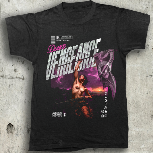 T-shirt noir oversize DOUCE VENGEANCE design brutaliste féministe peinture renaissance Eugène Delacroix urbain rose face coton biologique PTN DE T-SHIRT