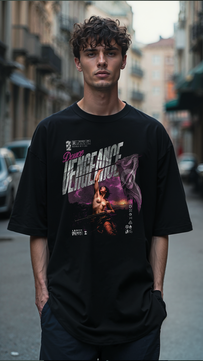 T-shirt noir oversize DOUCE VENGEANCE porté par jeune homme design brutaliste dark grunge urbain rose street art peinture renaissance Eugène Delacroix PTN DE T-SHIRT