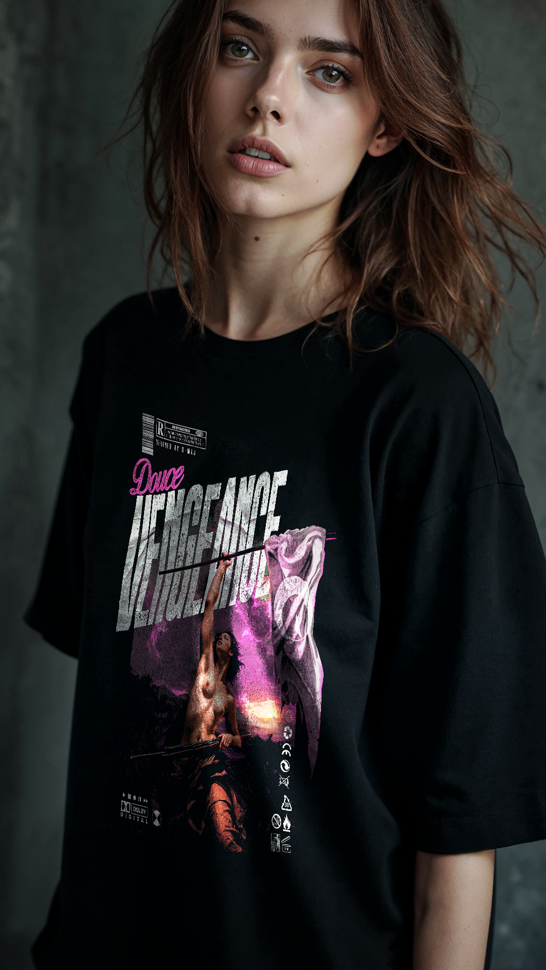 T-shirt noir oversize DOUCE VENGEANCE porté par jeune femme design brutaliste dark grunge urbain rose street art peinture renaissance Eugène Delacroix PTN DE T-SHIRT