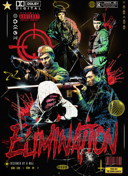 Design graphique ELIMINATION - artwork streetwear style affiche militaire retro rouge et vert - DESIGNED BY G-MAJ - PTN* DE T-SHIRT