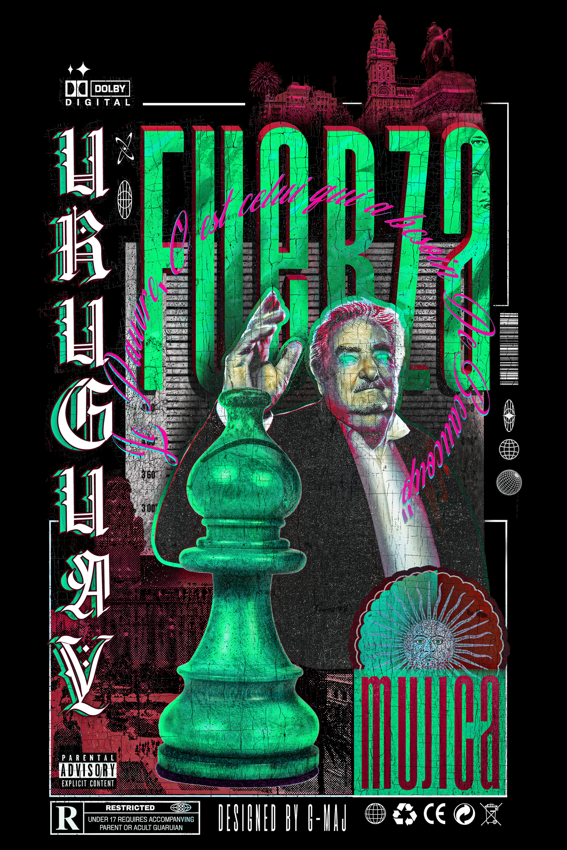 Design graphique FUERZA GREEN - affiche style vintage Uruguay avec Pepe Mujica et pièces d'échecs vertes - DESIGNED BY G-MAJ - PTN* DE T-SHIRT