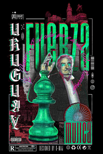 Design graphique FUERZA GREEN - affiche style vintage Uruguay avec Pepe Mujica et pièces d'échecs vertes - DESIGNED BY G-MAJ - PTN* DE T-SHIRT