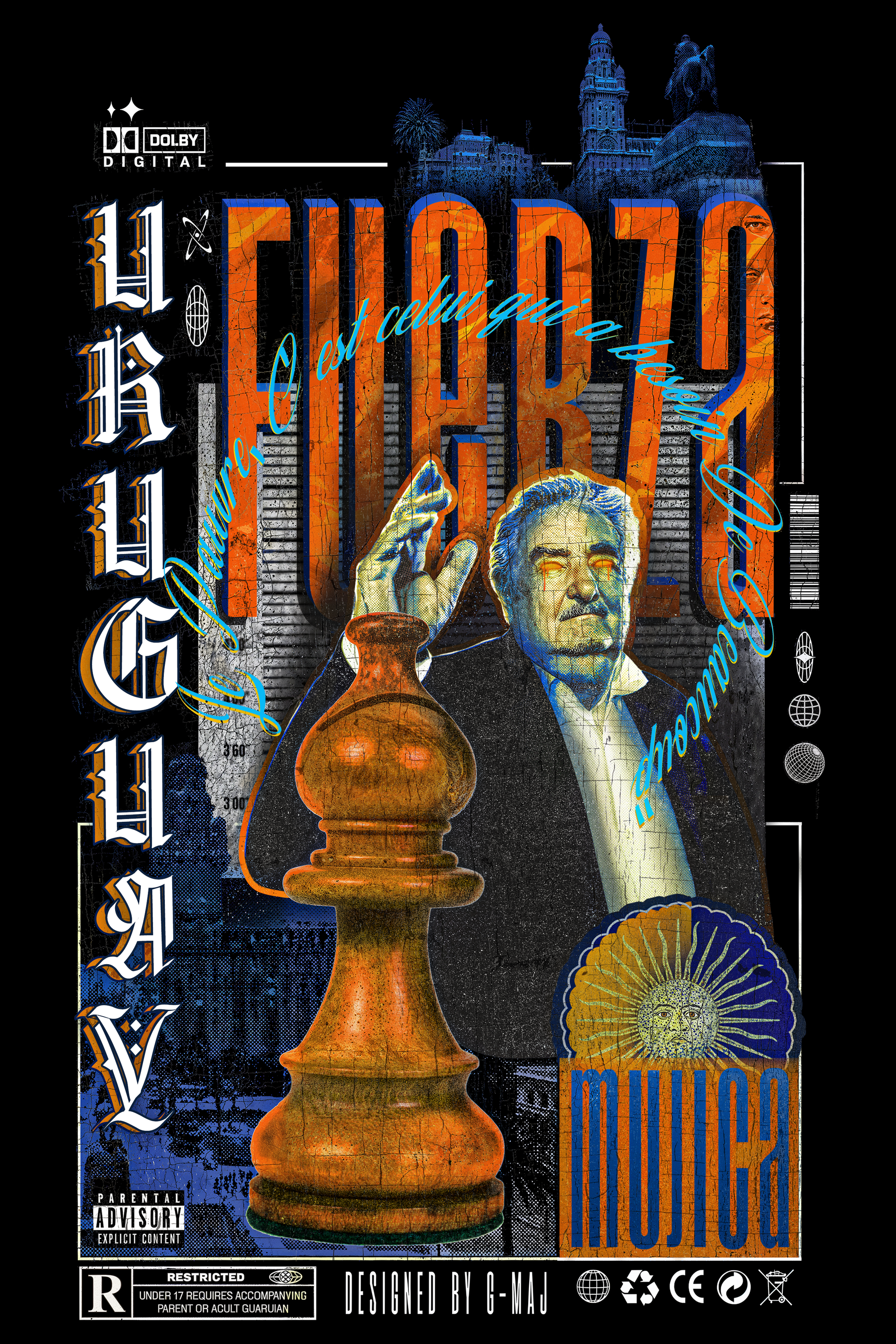 Design graphique FUERZA ORANGE - affiche style vintage Uruguay avec Pepe Mujica et pièce d'échecs orange - DESIGNED BY G-MAJ - PTN* DE T-SHIRT