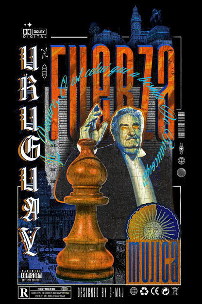 Design graphique FUERZA ORANGE - affiche style vintage Uruguay avec Pepe Mujica et pièce d'échecs orange - DESIGNED BY G-MAJ - PTN* DE T-SHIRT
