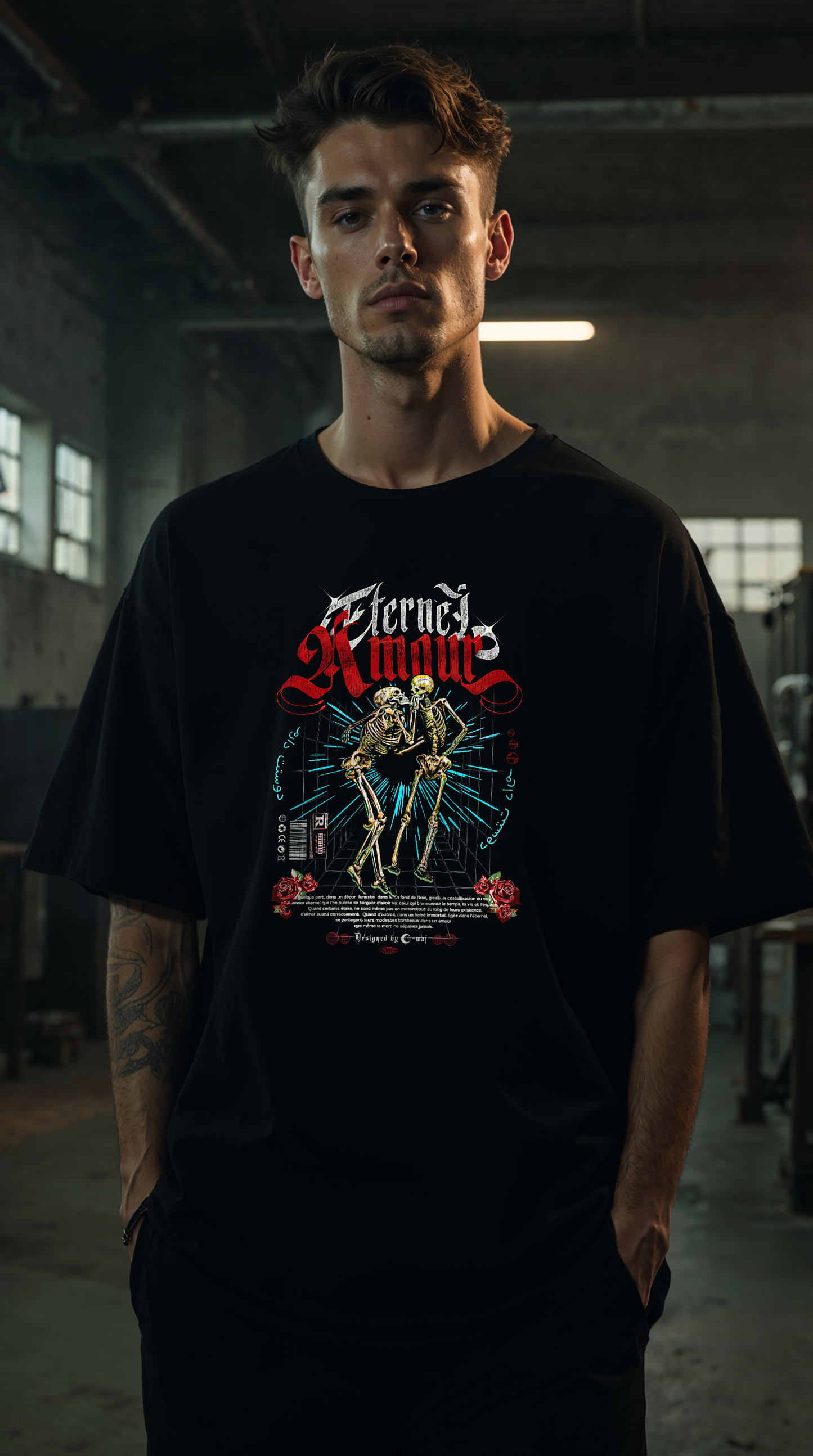 Homme portant le t-shirt noir oversize AMOUR ETERNEL RED - design gothique romantique squelettes rouge, streetwear coton biologique