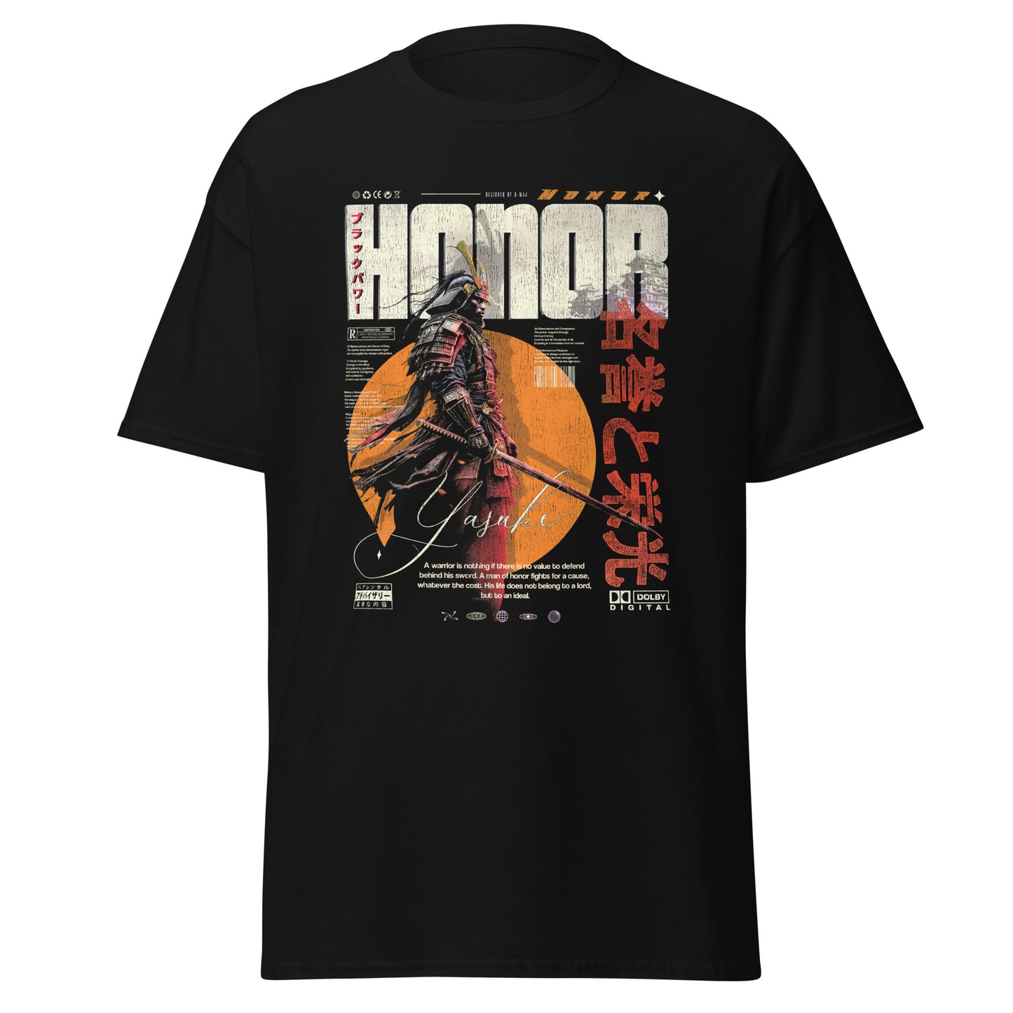 T-shirt noir HONOR vue face mockup avec graphic Yasuke, premier samouraï noir de l’histoire, en armure japonaise et soleil orange, idéogrammes japonais, fond blanc