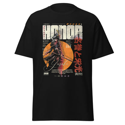 T-shirt noir HONOR vue face mockup avec graphic Yasuke, premier samouraï noir de l’histoire, en armure japonaise et soleil orange, idéogrammes japonais, fond blanc